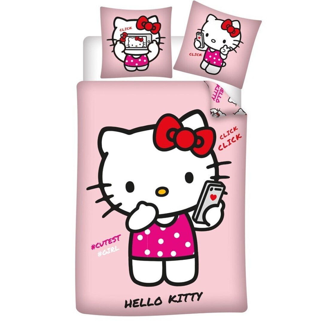 Housse de couette Hello Kitty 140x200cm + taie d'oreiller 65x65cm polycoton