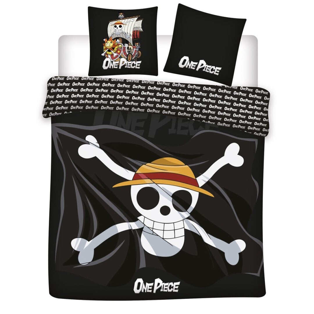 Housse de couette One Piece drapeau pirate  220x240cm + 2 taies d'oreiller 65x65cm polycoton