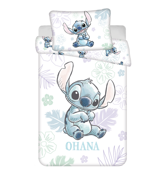 Housse de couette bébé Disney Lilo & Stitch Ohana blanc 100x135cm +taie d'oreiller 40x60cm 100% coton